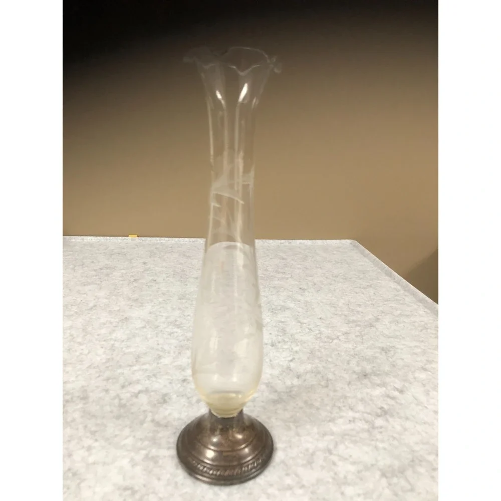 Vintage Crown Sterling Weighted Silver Vase Etched Floral 10